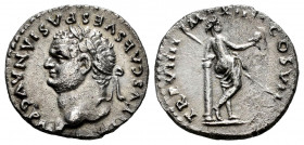 Titus. Denarius. 79 AD. Rome. (Ric-16). (Rsc-268 var). Anv.: IMP TITVS CAES VESPASIAN AVG P M, laureate head left. Rev.: TR P VIIII IMP XIIII COS VII,...