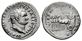 Titus. Denarius. 79-81 AD. Rome. (Ric-II 1.25). (Rsc-278). Anv.: IMP TITVS CAES VESPASIAN AVG P M. laureate head right. Rev.: TR P VIIII IMP XIIII COS...
