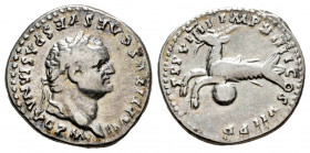 Titus. Denarius. 79 AD. Rome. (Ric-5). Anv.: IMP TITVS CAES VESPASIAN AVG P M, laureate head right. Rev.: TR P VIIII IMP XIIII COS VII, Capricorn left...