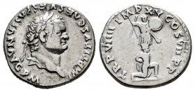 Titus. Denarius. 79-81 AD. Rome. (Ric-30). (Rsc-295). Anv.: IMP TITVS CAES VESPASIAN AVG P M. Laureate head right. Rev.: TR P VIIII IMP XV COS VII P P...
