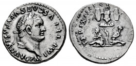 Titus. Denarius. 80 AD. Rome. (Ric-102). (Bmcre-37). (Rsc-306). Anv.: IMP TITVS CAES VESPASIAN AVG P M, laureate head right. Rev.: TR P IX IMP X(V COS...