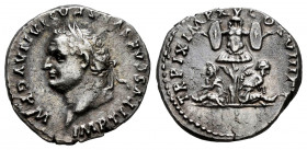 Titus. Denarius. 80 AD. Rome. (Ric-II 1.103). (Rsc-307). Anv.: IMP TITVS CAES VESPASIAN AVG P M, laureate head left. Rev.: TR P IX IMP XV COS VIII P P...