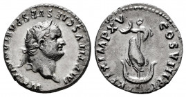 Titus. Denarius. 89 AD. Rome. (Ric-112). (Bmcre-72). (Rsc-309). Anv.: IMP TITVS CAES VESPASIAN AVG P M, laureate head right. Rev.: TR P IX IMP XV COS ...