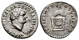 Titus. Denarius. 80 AD. Rome. (Ric-II 2.122). (Bmcre-58). (Rsc-313a). Anv.: IMP TITVS CAES VESPASIAN AVG P M, laureate head to right. Rev.: TR P IX IM...
