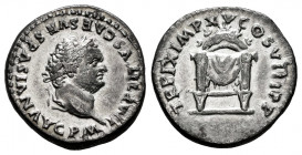 Titus. Denarius. 80 AD. Rome. (Ric-II 2.122). (Bmcre-58). (Rsc-313). Anv.: IMP TITVS CAES VESPASIAN AVG P M, laureate head to right. Rev.: TR P IX IMP...