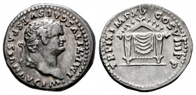 Titus. Denarius. 80 AD. Rome. (Ric-II 2.122). (Bmcre-58). (Rsc-313). Anv.: IMP TITVS CAES VESPASIAN AVG P M · , laureate head to right. Rev.: TR P IX ...