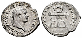 Titus. Denarius. 80 AD. Rome. (Ric-108). (Bmcre-66/9). (Rsc-318). Anv.: IMP TITVS CAES VESPASIAN AVG P M, laureate head right. Rev.: TR P IX IMP XV CO...