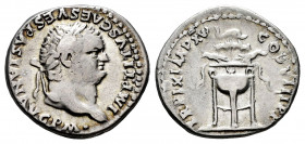 Titus. Denarius. 80 AD. Rome. (Ric-128). (Rsc-323a var). Anv.: IMP TITVS CAES VESPASIAN AVG P M, laureate head right. Rev.: TR P IX IMP XV COS VIII P ...