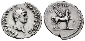 Domitian. Denarius. 76-77 AD. Rome. (Ric-Unlisted). (Ch-Unlisted). (Rsc-Unlisted). Anv.: CAES AVG F • DOMITIANVS, laureate head to righ. Rev.: COS III...