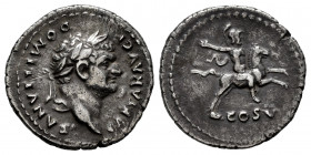 Domitian. Denarius. 77-78 AD. Rome. (Ric-II 2.957). (Bmcre-235). (Rsc-49a). Anv.: CAESAR AVG F DOMITIANVS, laureate head to right. Rev.: COS V, helmet...