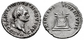 Domitian. Denarius. 80-81 AD. Rome. (Ric-II 2.266 Tito). (Bmcre-92 Tito). (Rsc-397a). Anv.: CAESAR DIVI F DOMITIANVS COS VII, laureate head to right. ...