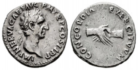 Nerva. Denarius. 97 AD. Rome. (Ric-II 14). (Bmcre-25). (Rsc-16). Anv.: IMP NERVA CAES AVG P M TR P COS II P P, laureate head to right. Rev.: CONCORDIA...