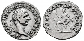 Trajan. Denarius. 98-99 AD. Rome. (Ric-11). (Bmcre-9). (Rsc-301). Anv.: IMP CAES NERVA TRAIAN AVG GERM, laureate head right. Rev.: PONT MAX TR POT COS...