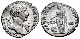 Trajan. Denarius. 114-117 AD. Rome. (Ric-361 var). (Rsc-313b). (Bmcre-640 var). Anv.: IMP CAES NER TRAIAN OPTIM AVG GER DAC PARTHICO, laureate bust ri...