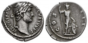 Hadrian. Denarius. 128-132 AD. Rome. (Ric-330). (Rsc-295). Anv.: HADRIANVS AVGVSTVS P P, laureate head right. Rev.: COS III, Minerva standing to right...