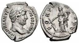 Hadrian. Denarius. 137-138 AD. Rome. (Ric-II 3.2335). (Bmcre-639 var). (Rsc-762a). Anv.: HADRIANVS AVG COS III P P, bare head to right, slight drapery...
