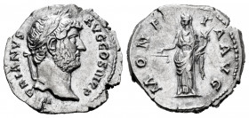 Hadrian. Denarius. 136 AD. Rome. (Ric-256). (Bmcre-677). (Rsc-963). Anv.: HADRIANVS AVG COS III P P, bare head to right. Rev.: MONETA AVG, Moneta stan...