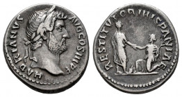 Hadrian. Denarius. 134-138 AD. Rome. (Ric-327). (Rsc-1260af). Anv.: HADRIANVS AVG COS III P P, laureate bust right. Rev.: RESTITVTOR HISPANIAE, Hadria...