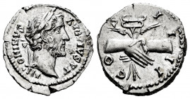Antoninus Pius. Denarius. 146 AD. Rome. (Spink-4078). (Ric-136). (Seaby-344). Rev.: COS IIII. Clasped hands holding caduceus and two grain ears betwee...