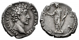 Marcus Aurelius. Denarius. 145-147 AD. Rome. (Ric-III 429a). (Bmcre-594). (Rsc-110). Anv.: AVRELIVS CAESAR AVG PII F, bare head to right. Rev.: COS II...