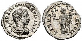 Elagabalus. Denarius. 219 AD. Rome. (Ric-IV 102). (Rsc-81a). Anv.: IMP ANTONINVS PIVS AVG, laureate head to right. Rev.: LIBERALITAS AVG II, Liberalit...