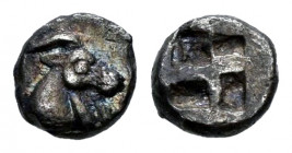 Macedon. Aigai. Hemiobol. 485-470 BC. (AMNG-p. 138, 24). Anv.: Head of a goat to right. Rev.: Quadripartite incuse square. Ag. 0,22 g. 5 mm. Rare and ...