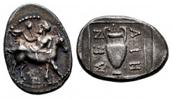 Macedon. Mende. Tetrobol. 423 BC. (Hgc-3, 558). (AMNG III-2, 25). Anv.: Inebriated Dionysos, holding kantharos, reclining left on back of an ass stand...