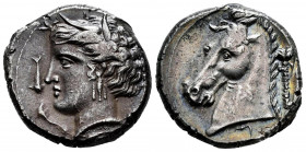 Sicily. Punic issues. Tetradrachm. 320/15-300 BC. Entella. (Hgc-2, 289). (Jenkins-Lewis-264). Anv.: Head of Arethousa right, wearing wreath of grain e...