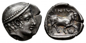 Thrace. Ainos. Diobol. 408-407 BC. (Hgc-3.2, 1277). (Sng Berry-480). (Sng Cop-399-400). Anv.: Head of Hermes to right, wearing petasus. Rev.: AINI. Go...