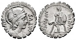Aqullius. Manius Aquilius Mn.f.Mn.n. Denarius. 71 BC. Uncertain mint. (Ffc-167). (Craw-401/1). (Cal-230). Anv.: VIRTUS III . VIR or (IIIVIR), helmeted...