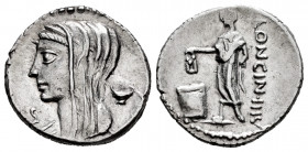 Cassius. L. Cassius Longinus. Denarius. 55 BC. Rome. (Rsc-10). (Ffc-561). (Craw-413/1). (Cal-415). Anv.: Draped bust of Vesta veiled Ieft, kylix behin...