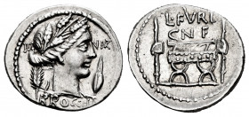 Furius. L. Furius Cn. f. Brocchus. Denarius. 63 BC. Rome. (Ffc-735). (Craw-414/1). (Cal-606). Anv.: Bust of Ceres right between wheat-ear and barley-c...
