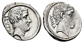 Junius. Q. Caepio Brutus. Denarius. 54 BC. Rome. (Ffc-792). (Craw-433/2). (Cal-872). Anv.: BRVTVS behind head of L. Junius Brutus, the Ancient. Rev.: ...