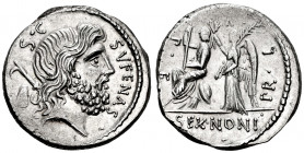 Nonius. M. Nonius Sufenas. Denarius. 59 BC. Rome. (Rsc-1). (Ffc-941). (Craw-421/1). (Cal-1048). Anv.: SVFENAS before head of Saturn right, harpa, coni...