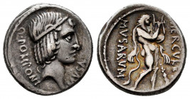Pomponius. Q. Pomponius Rufus. Denarius. 66 BC. Rome. (Ffc-1032). (Craw-410/1). (Cal-1179). Anv.: Diademed head of Apollo right, Q. POMPONl behind, MV...