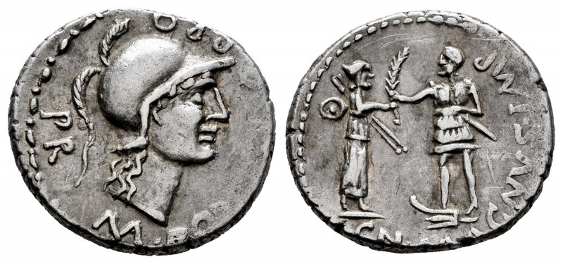 Pompeius Magnus. Cn. Pompeius Magnus y M. Poblicius. Denarius. 46-45 BC. Hispani...