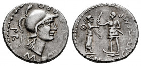 Pompeius Magnus. Cn. Pompeius Magnus y M. Poblicius. Denarius. 46-45 BC. Hispania. (Ffc-1). (Craw-469/a). (Cal-1146). Anv.: M. PO(BLICI. LEG). PRO. PR...