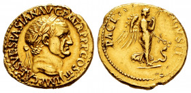Vespasian. Aureus. 71 AD. Lugdunum. (Ric-1130). (Bmc-400). (Cal-655). Anv.: IMP CAES VESPASIAN AVG P M TR P COS III. Laureate head right. Rev.: PACI A...