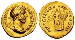Marcus Aurelius. Aureus. 165 AD. Rome. (Ric-128). (Calicó-1890). (Bmcre-270 note). Anv.: ΛNTONINVS ΛVG ΛRMENIΛCVS, laureate and cuirassed bust right. ...