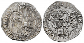 Catholic Kings (1474-1504). 2 reales. Segovia. (Cal-507 var). (Lf-unlisted). Anv.: (FE)RNANDVS : ET ELISABET. Rev.: (Tres puntos) REX · ET L : REGINA ...
