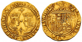 Catholic Kings (1474-1504). Double excelente. Sevilla. (Cal-725). (Tauler-169). Au. 6,92 g. 8-pointed star and S between the busts, both flanked by 4 ...