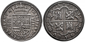 Philip II (1556-1598). 8 reales. 1590. Segovia. (Cal-703). Ag. 27,24 g. Aqueduct with two rows of four arches. Ornaments flanking mintmark and value, ...
