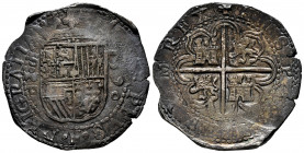 Philip II (1556-1598). 8 reales. 1590. Sevilla. (Cal-728). Ag. 27,17 g. Vertical date to the right of shield. "Square d" assayer. Very round struck. O...