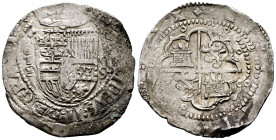 Philip II (1556-1598). 8 reales. 1590. Toledo. M. (Cal-751). Ag. 27,48 g. Date with two digits to the right of the shield. Minor deposits. Very rare. ...