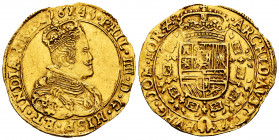Philip IV (1621-1665). Double Sovereign. 1645. Tournai. (Vti-1563, photo mistake). (Tauler-1020). (Vanhoudt-637 TO). Au. 10,93 g. A good sample. Rare....