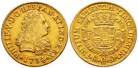 Philip V (1700-1746). 8 escudos. 1734/3. México. MF. (Cal-2230). (Cal onza-423). Au. 26,94 g. Minor nicks on edge. Clear overdate. Rare. Choice VF. Es...