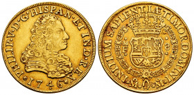 Philip V (1700-1746). 8 escudos. 1746. México. MF. (Cal-2252). (Cal onza-445). Au. 26,98 g. Smooth edge, possibly was in hoop. Rare. Choice VF. Est......