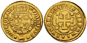 Philip V (1700-1746). 8 escudos. 1701. Sevilla. M. (Cal-2266). (Cal onza-462). Au. 26,80 g. "Cross" type. Shield of Habsburg. Mint mark, value and ass...