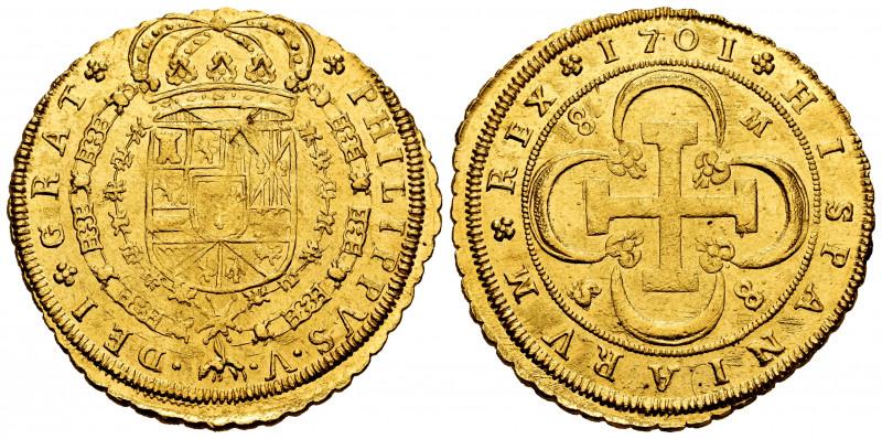 Philip V (1700-1746). 8 escudos. 1701. Sevilla. 8-M-S-8. (Cal-2267). (Cal onza-4...