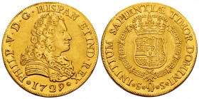 Philip V (1700-1746). 8 escudos. 1729. Sevilla. (Cal-2303). (Cal onza-526). Au. 26,83 g. Without value and assayer indication. Name of the king PHILP....